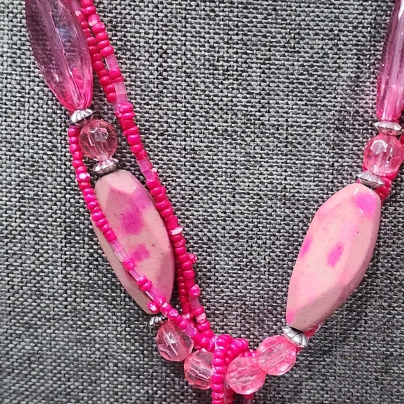 Vibrant Pink Floral Pendant Necklace with Beaded Strands, Eclectic Boho Chic - Picture 4 of 9